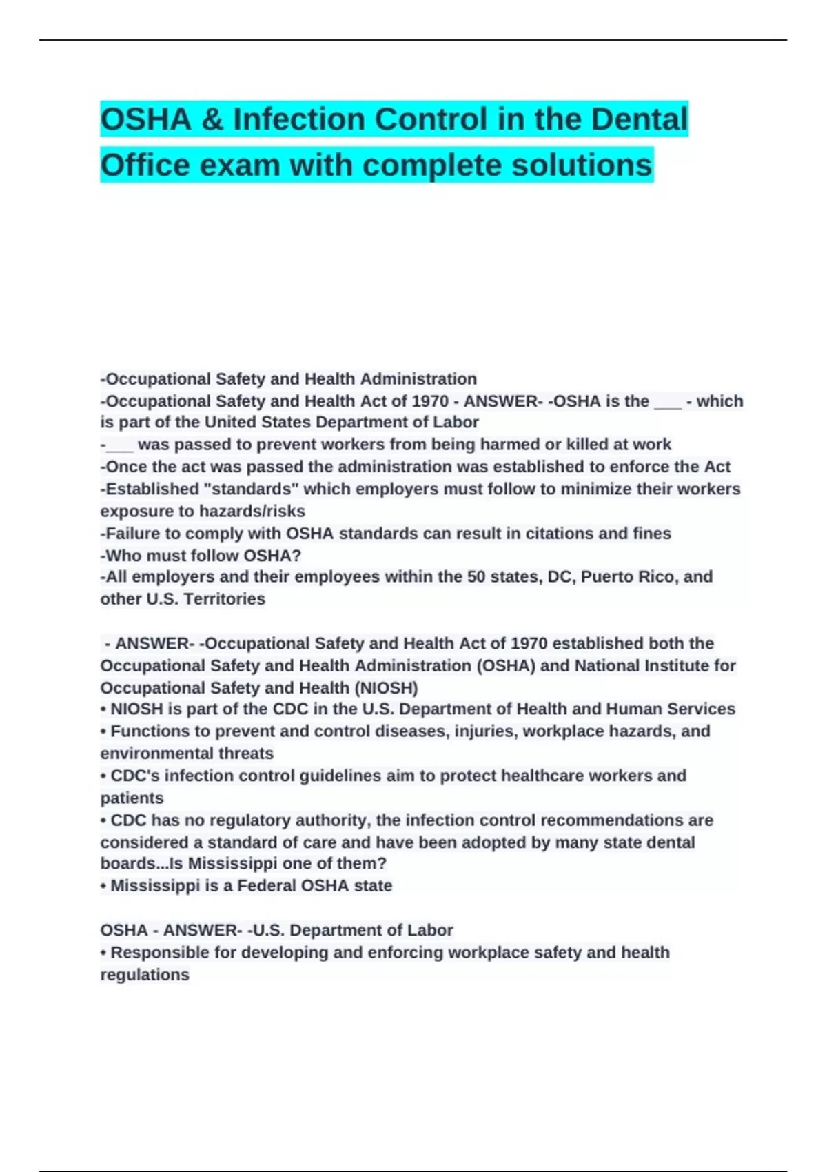 OSHA & Infection Control in the Dental Office exam with complete ...