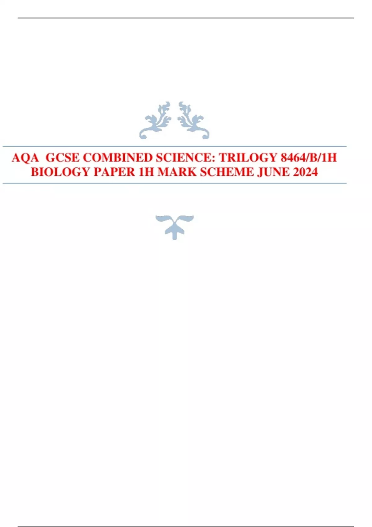 AQA GCSE COMBINED SCIENCE: TRILOGY 8464/B/1H BIOLOGY PAPER 1H MARK ...