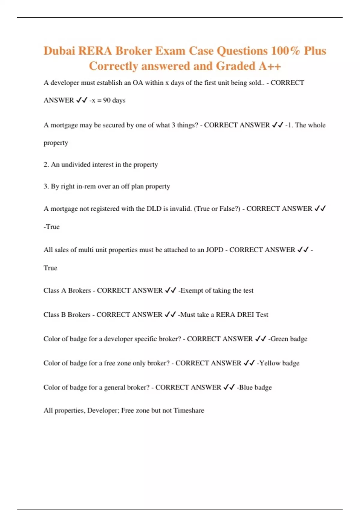 answered: 2 import Images High Quality Grahic Dubai RERA Broker Exam Case Questions 100% Plus Correctly answered and ...