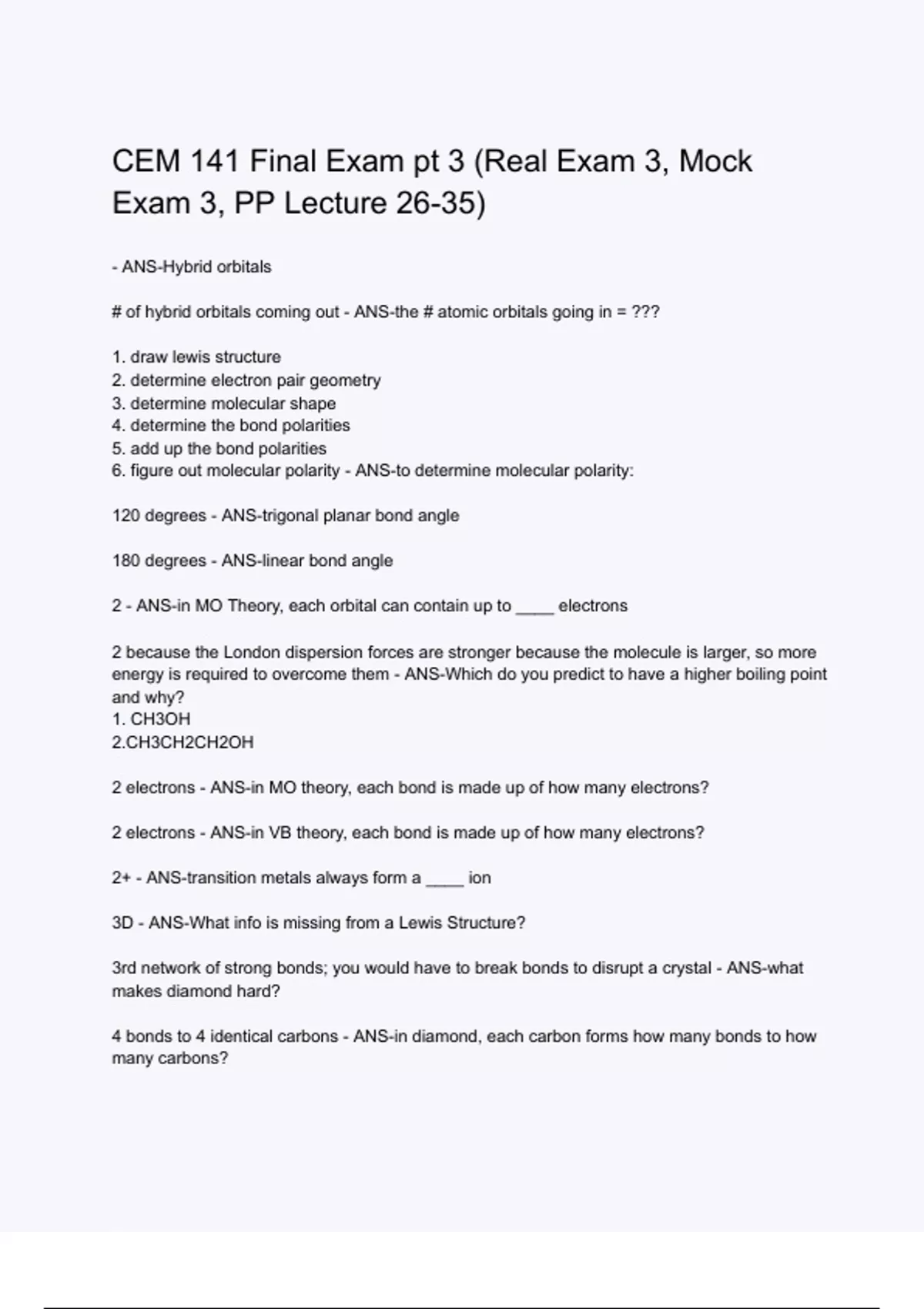 CEM 141 Final Exam pt 3 (Real Exam 3, Mock Exam 3, PP Lecture 26-35 ...