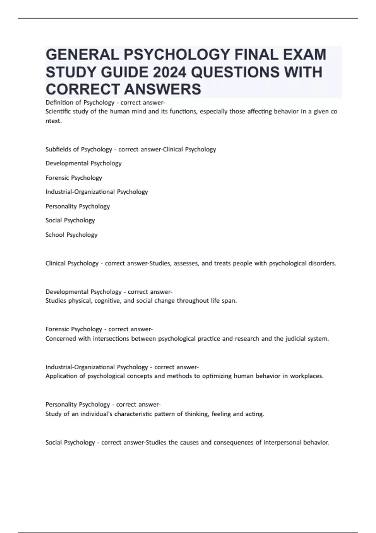 GENERAL PSYCHOLOGY FINAL EXAM STUDY GUIDE 2024 QUESTIONS WITH CORRECT ...