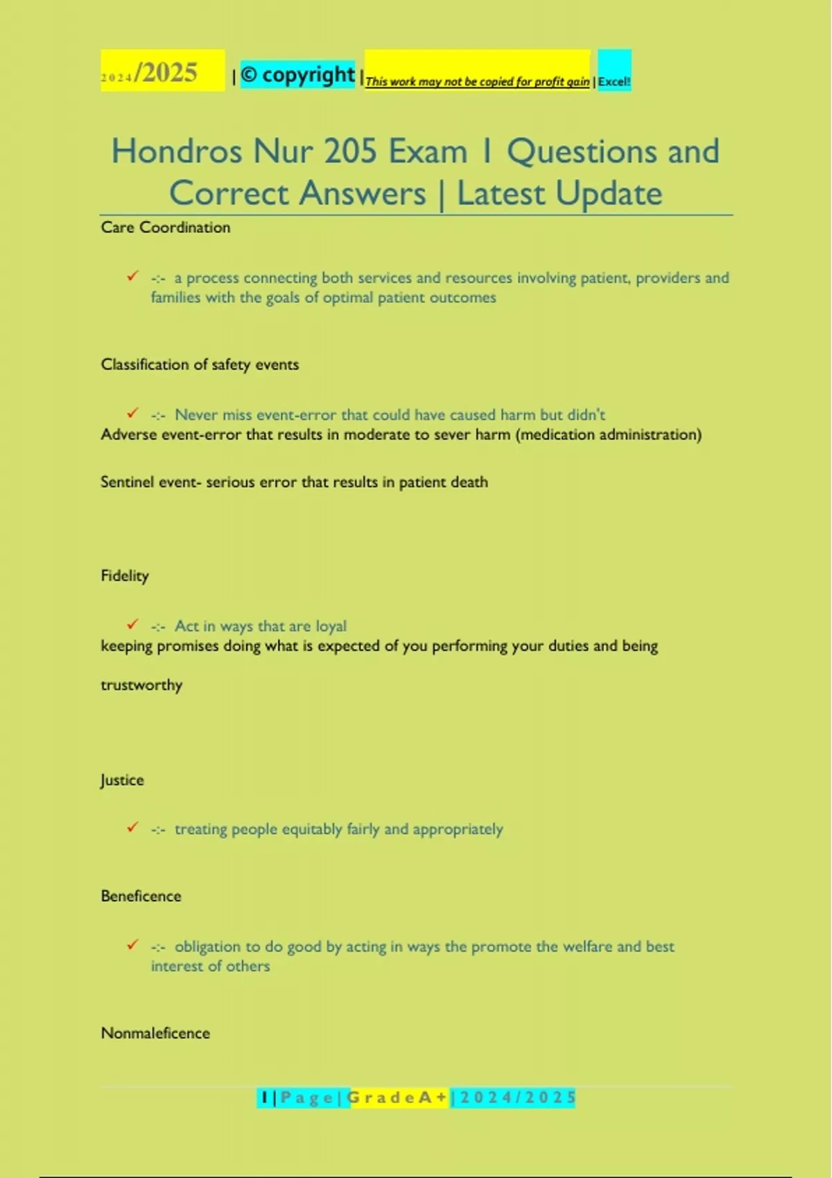 Hondros Nur 205 Exam 1 Questions and Correct Answers | Latest Update ...