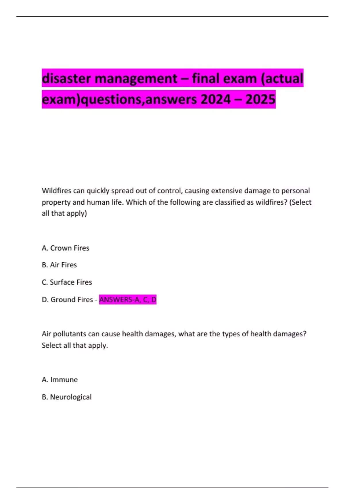 disaster management – final exam (actual exam)questions,answers 2024 ...