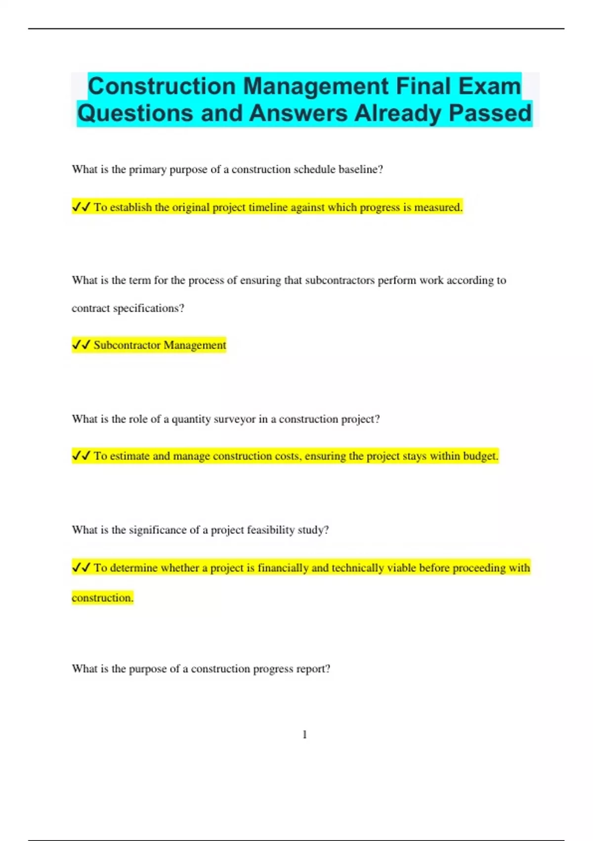 Construction Management Final Exam Questions and Answers Already Passed ...
