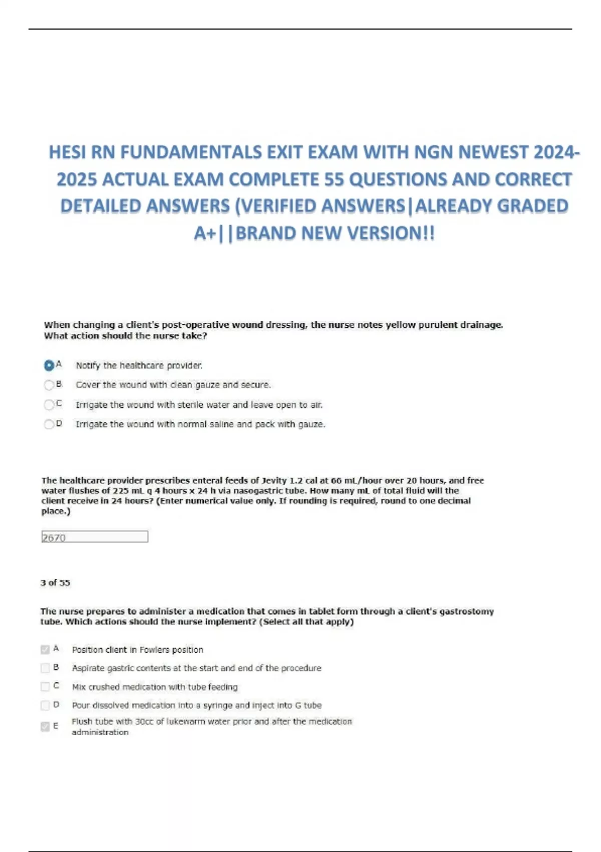 HESI RN FUNDAMENTALS EXIT EXAM WITH NGN NEWEST ACTUAL EXAM COMPLETE 55 ...
