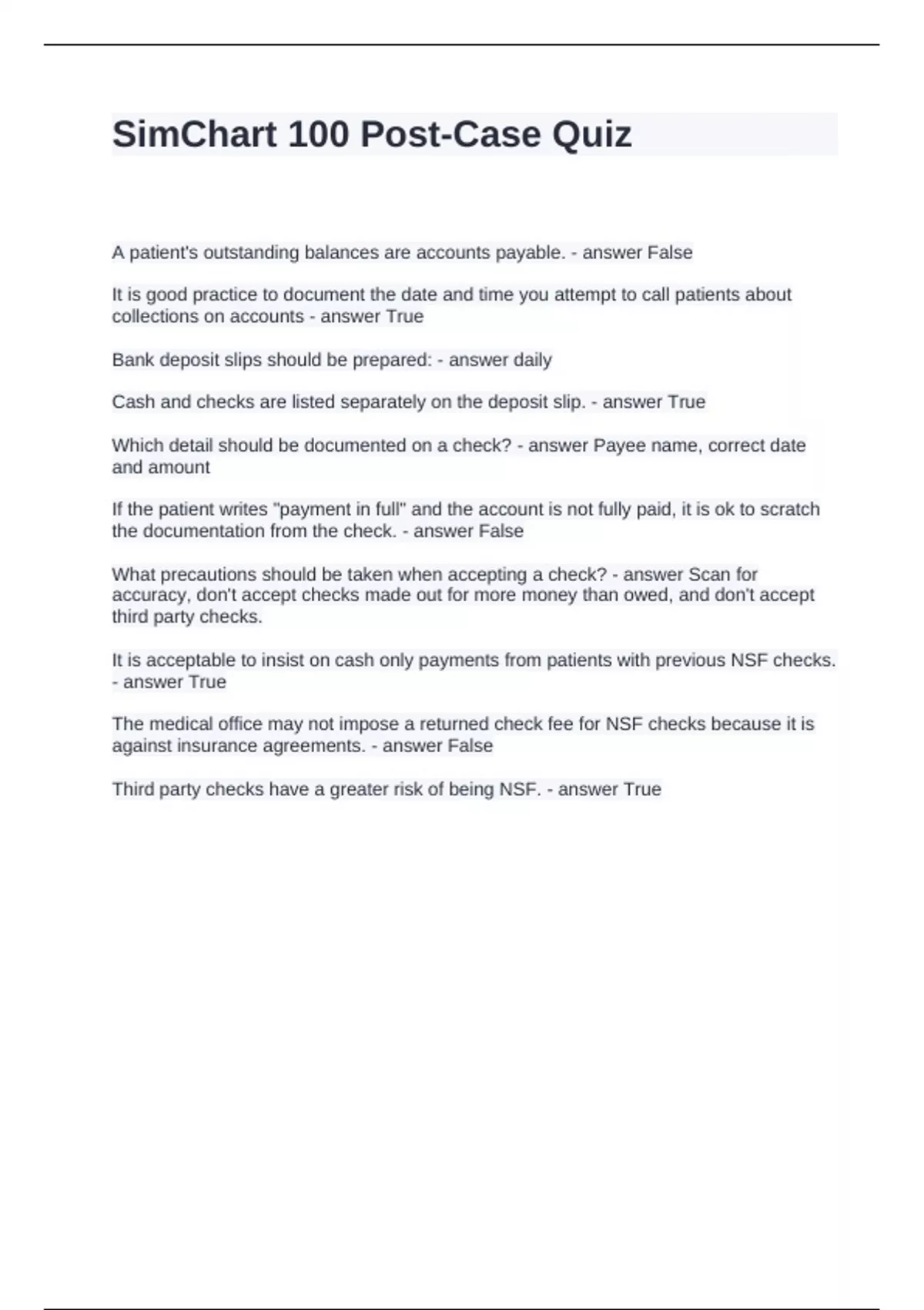 SimChart 100 Post-Case Quiz Questions 100% correct - SimChart - Stuvia US