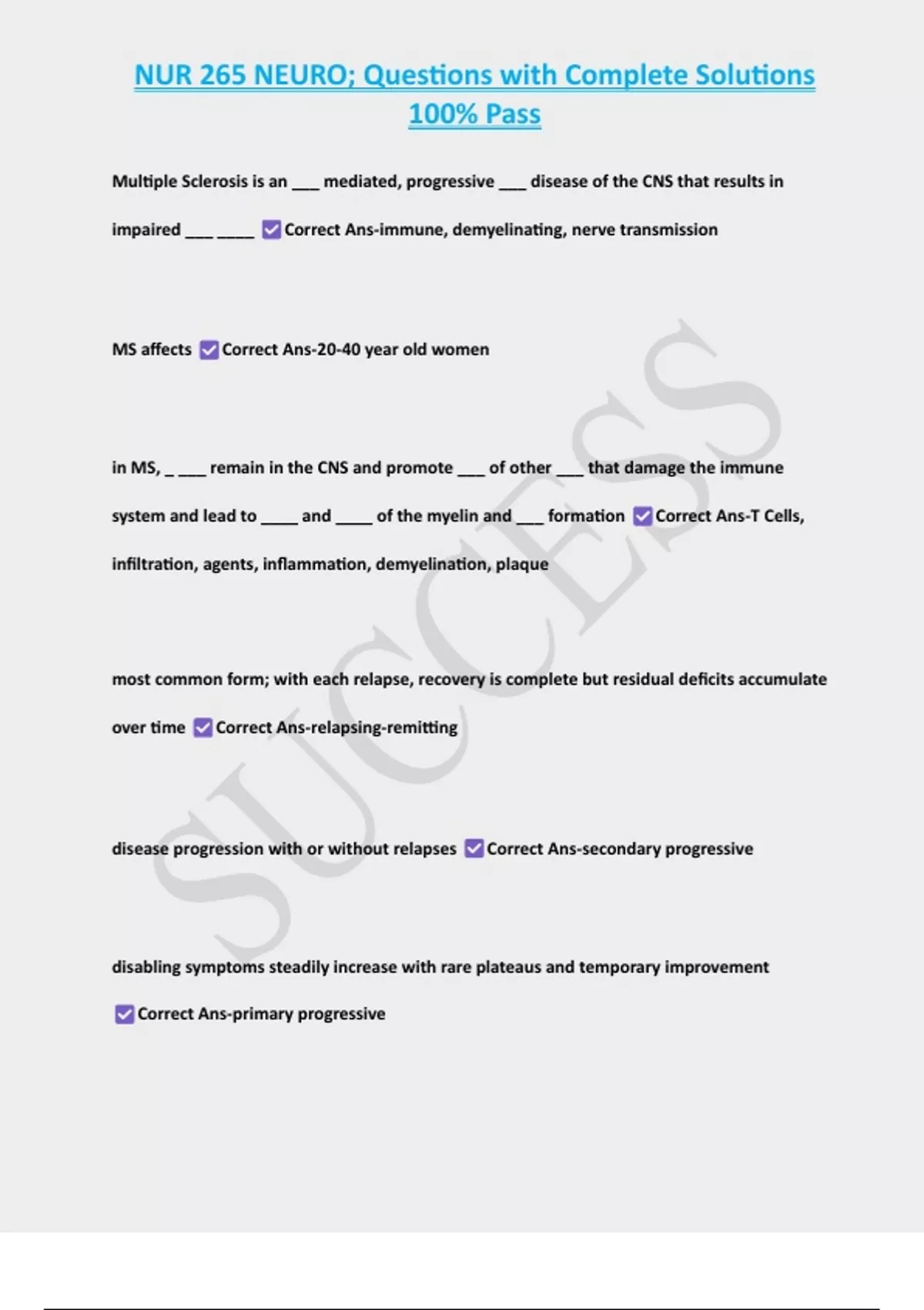 NUR 265 NEURO; Questions with Complete Solutions 100% Pass - NUR 265 ...