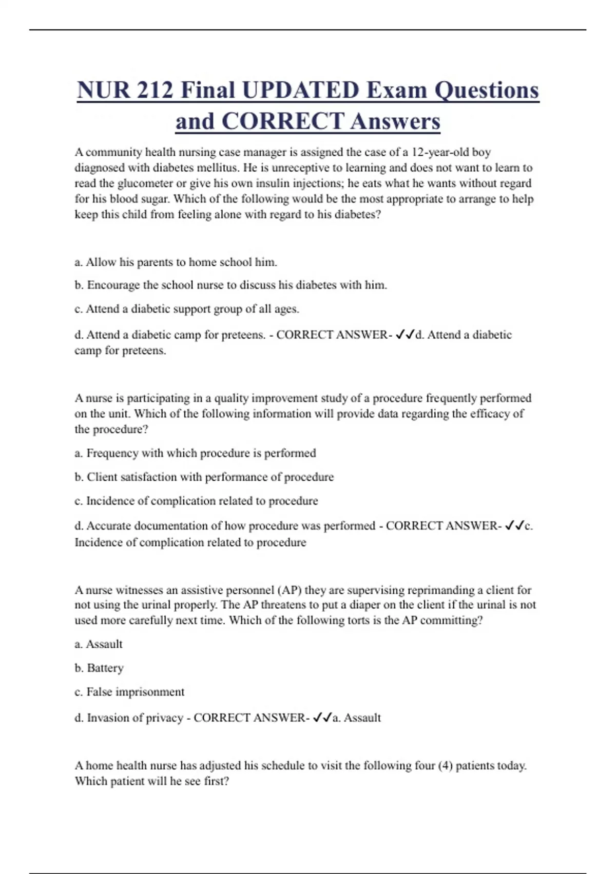 NUR 212 Bundled Exam Questions WITH CORRECT Answers - Stuvia US