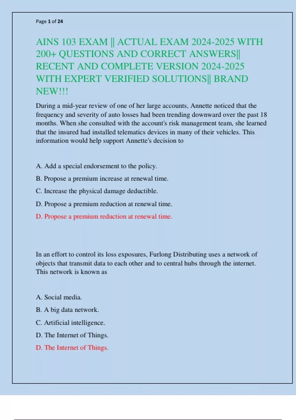 AINS 103 EXAM || ACTUAL EXAM WITH 200+ QUESTIONS AND CORRECT ANSWERS ...