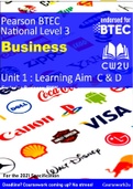 2022 BTEC Business Level 3 -  DISTINCTION* Unit 1 Learning aim C & D BMW