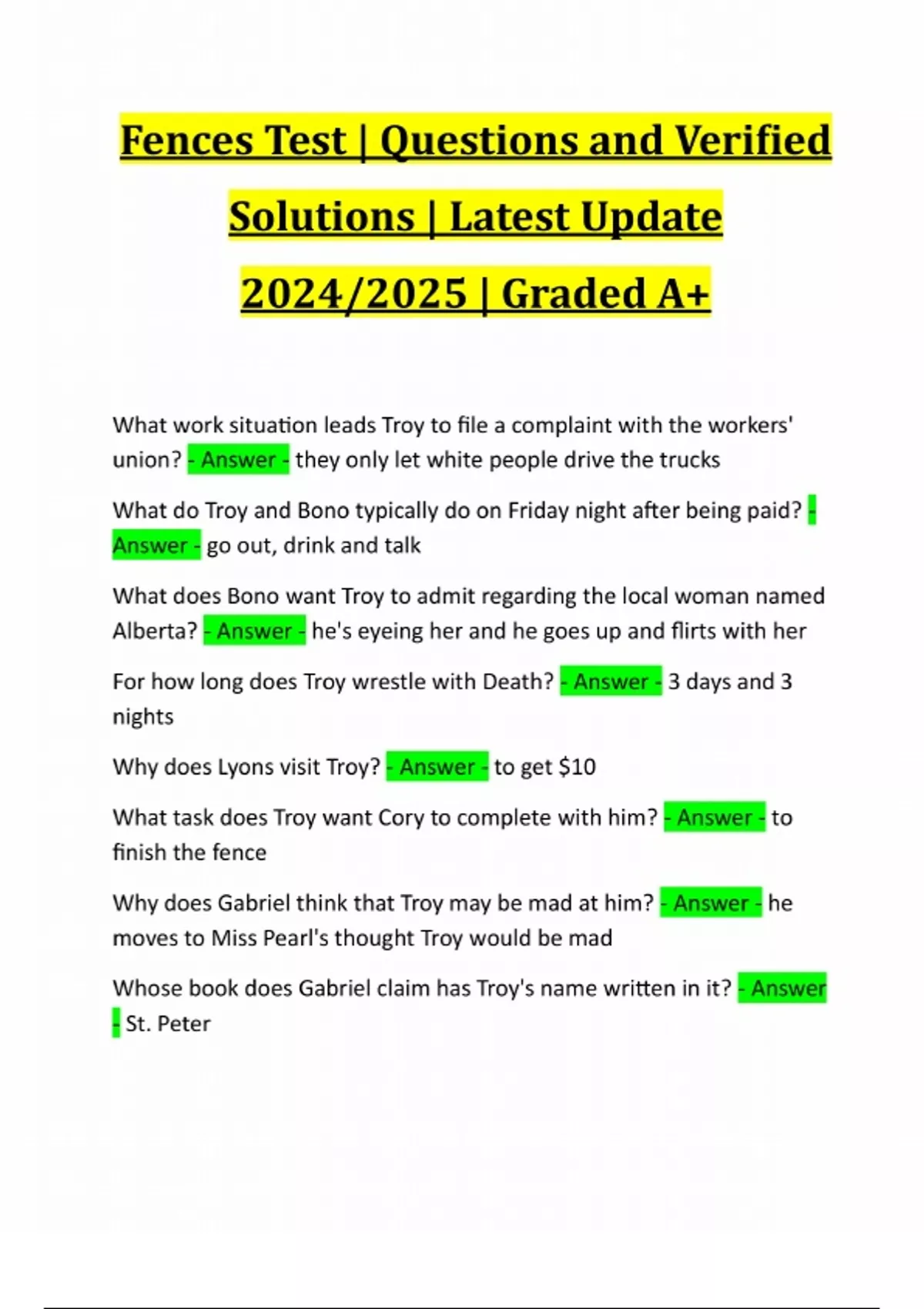 Fences Test | Questions and Verified Solutions | Latest Update 2024/ ...