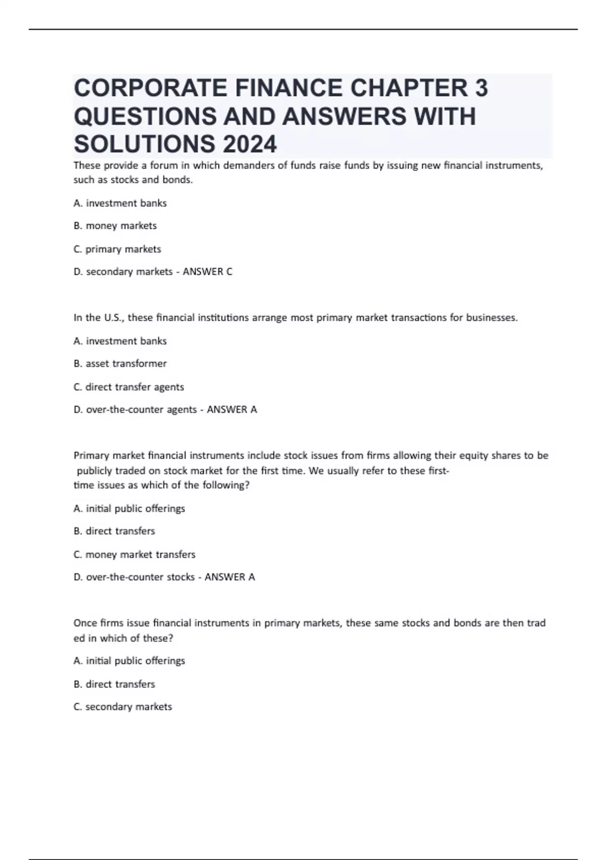 CORPORATE FINANCE CHAPTER 3 QUESTIONS AND ANSWERS WITH SOLUTIONS 2024 ...