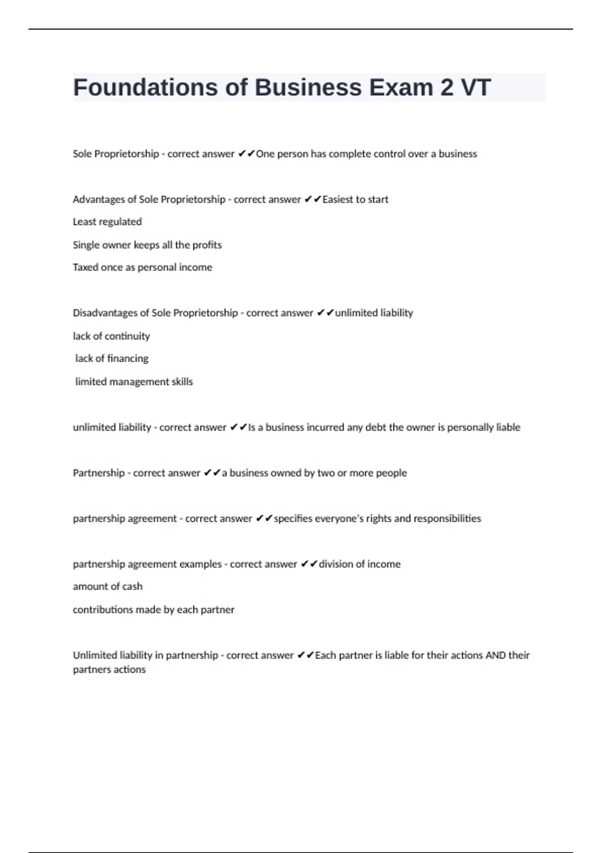 Foundations of Business Exam 2 VT WITH VERIFIED SOLUTIONS - Busi ...