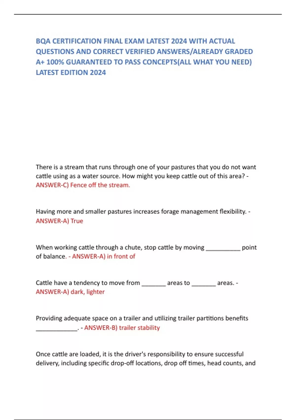 BQA CERTIFICATION FINAL EXAM LATEST 2024 WITH ACTUAL QUESTIONS AND