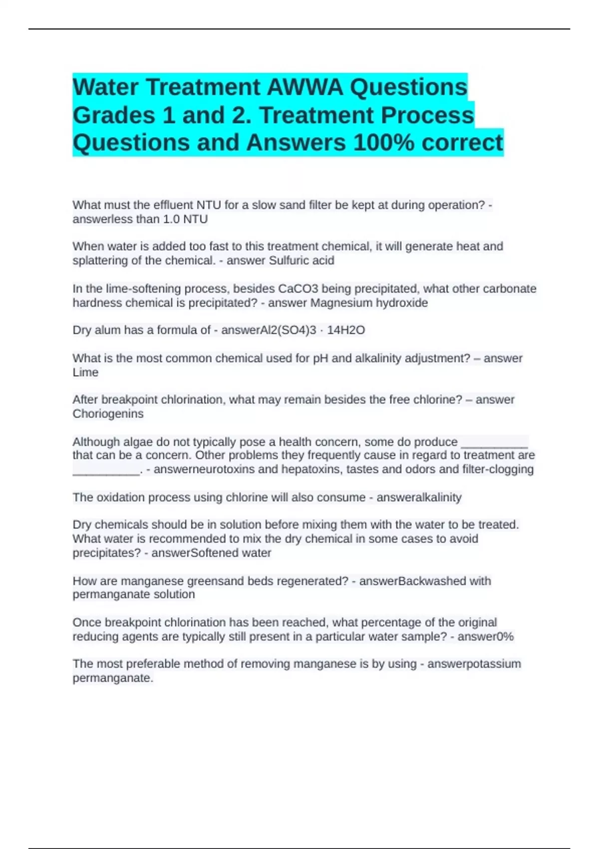 Awwa Water Testing Water Treatment AWWA Questions Grades 1 and 2. Treatment Process ...