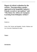Report of critical evaluation for the articles: “Incorporating a gender approach in the hospitality industry: Female executives’ perceptions” and “The future for Africa air transport: Learning from Ethiopian Airlines”.