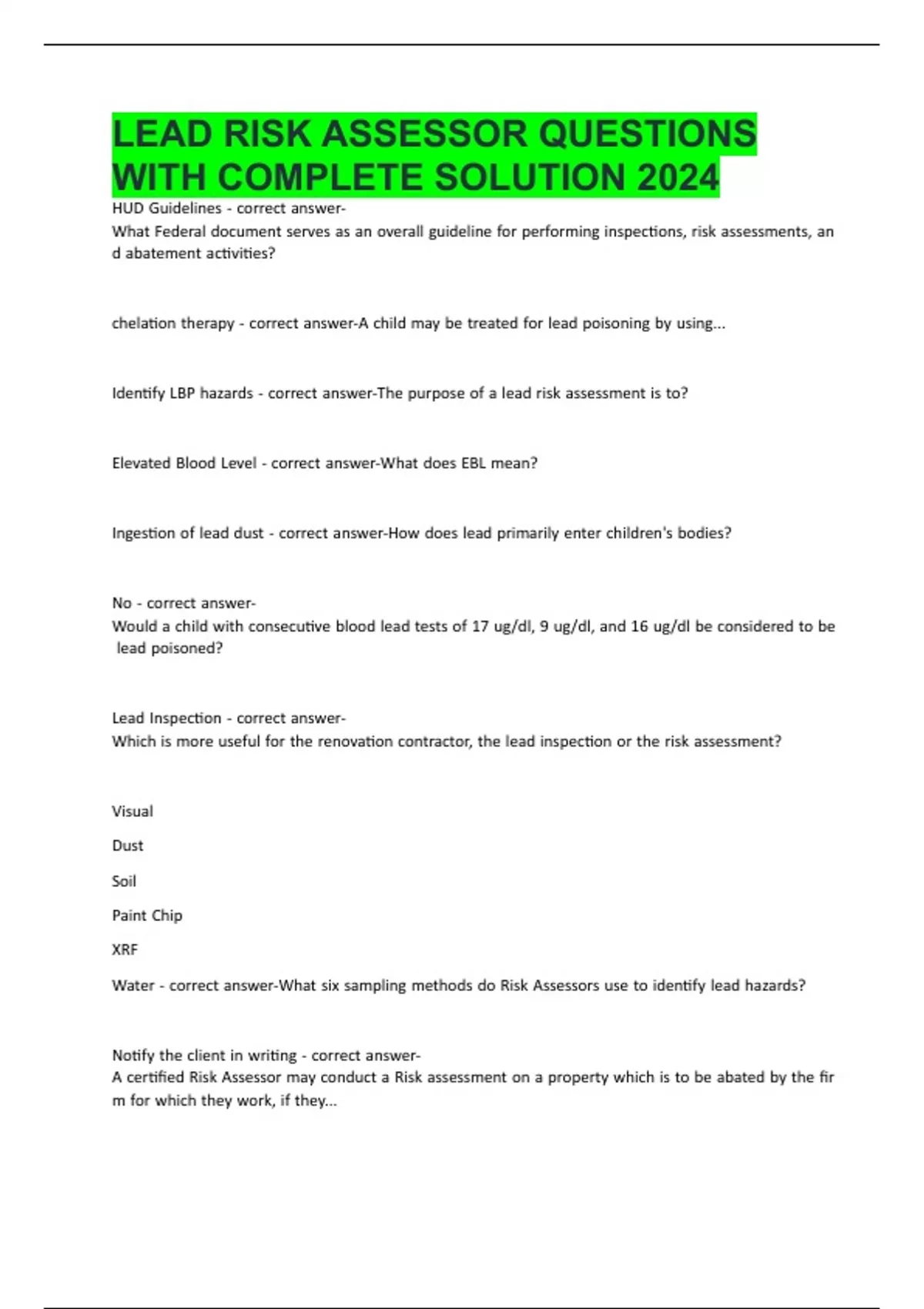LEAD RISK ASSESSOR QUESTIONS WITH COMPLETE SOLUTION 2024 - Lead ...