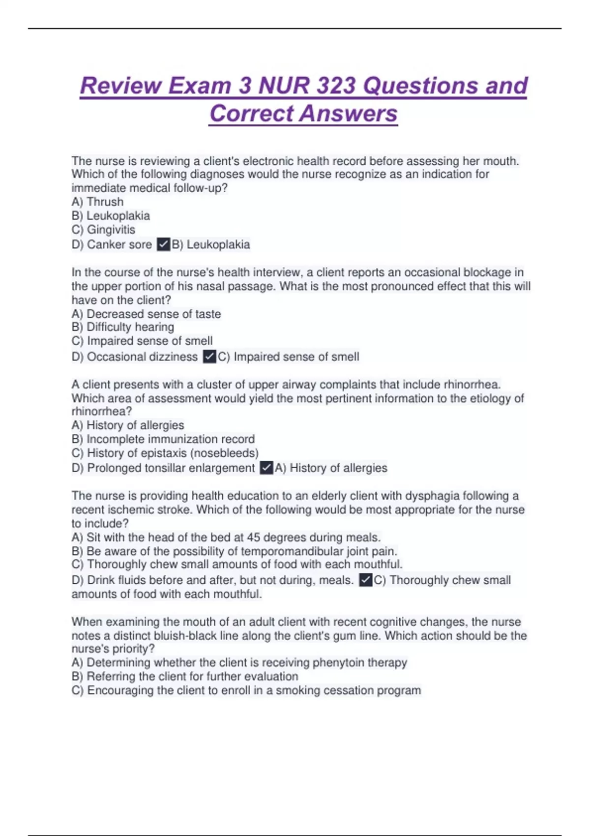 Review Exam 3 NUR 323 Questions and Correct Answers - NUR 323 - Stuvia US