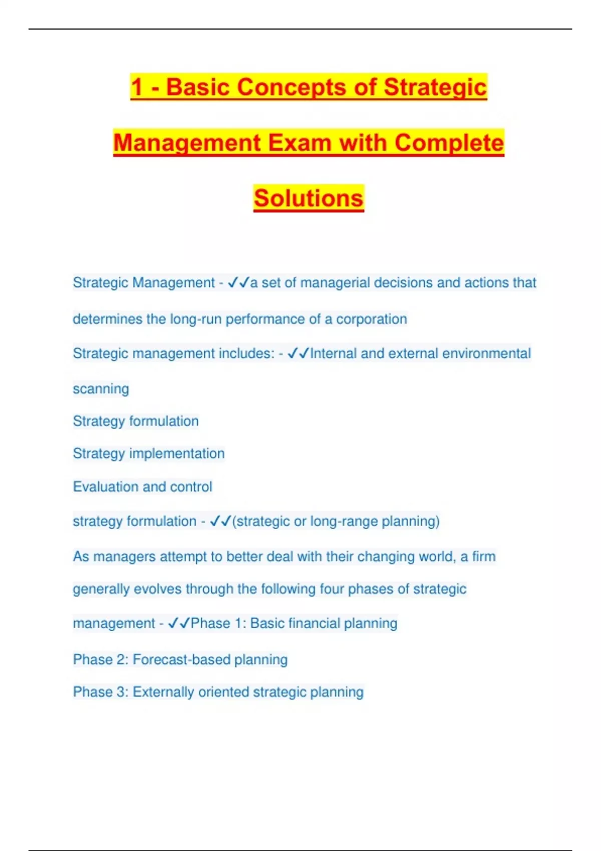 1 - Basic Concepts of Strategic Management Exam with Complete Solutions ...