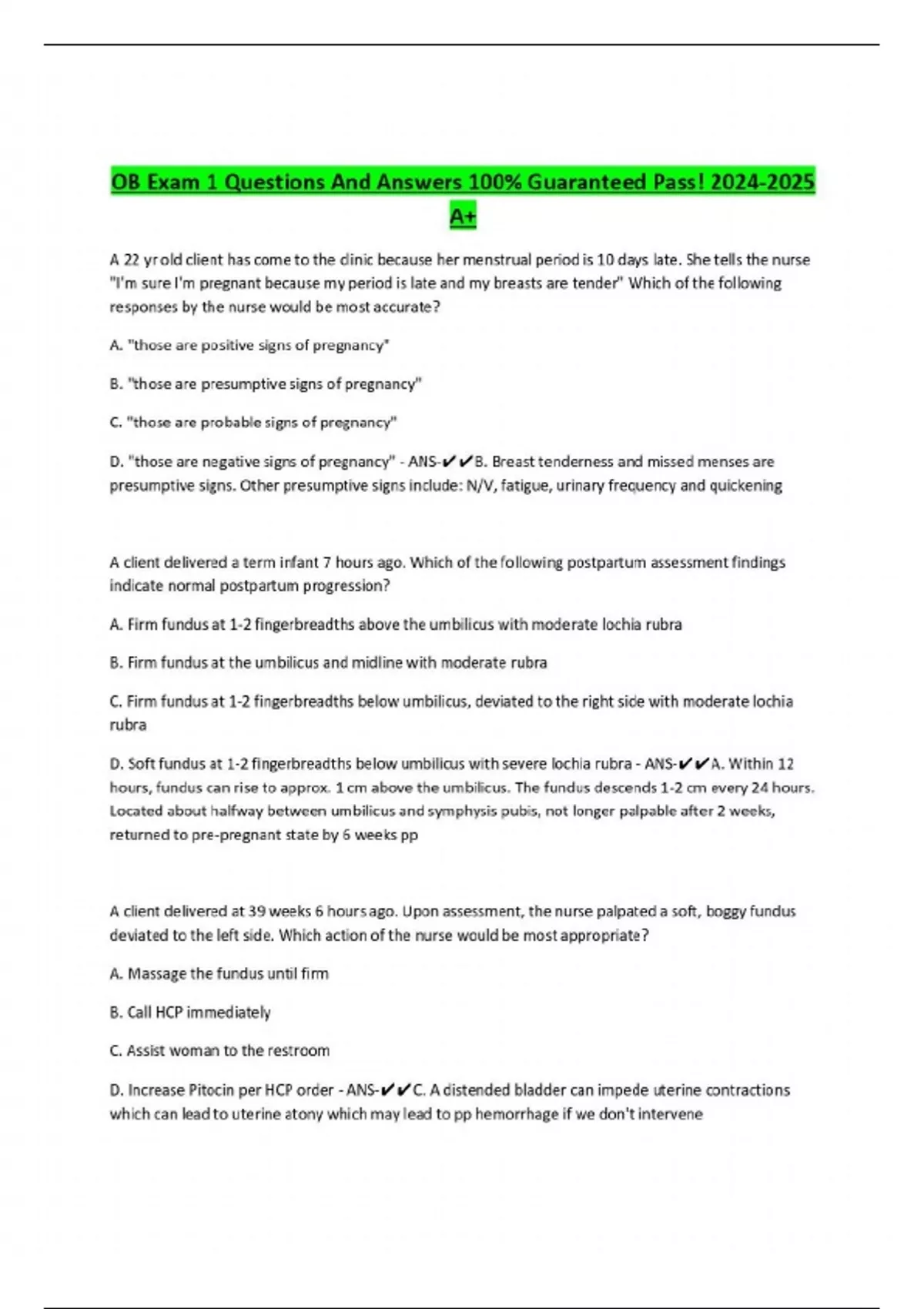 OB Exam 1 Questions And Answers 100% Guaranteed Pass! A+ - OB women ...