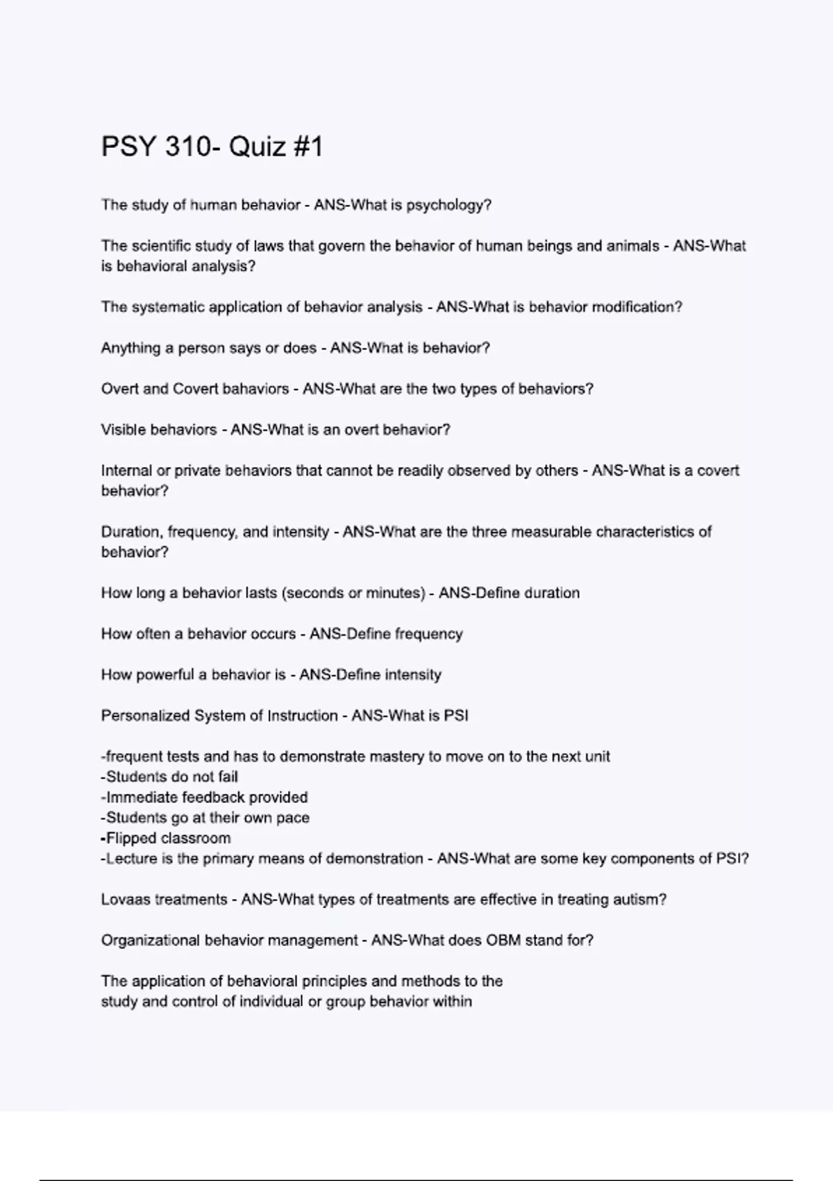 PSY 310- Quiz -1. Questions & 100% Verified Correct Answers with ...
