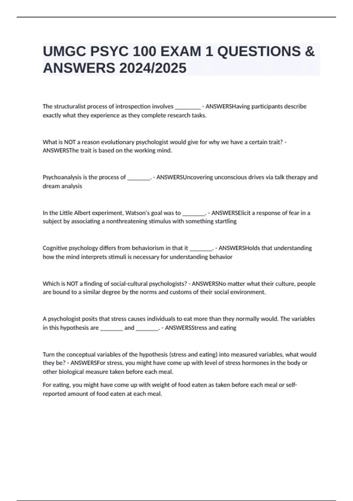 UMGC PSYC 100 EXAM 1 QUESTIONS & ANSWERS 2024/2025 - UMGC PSYC 100 ...