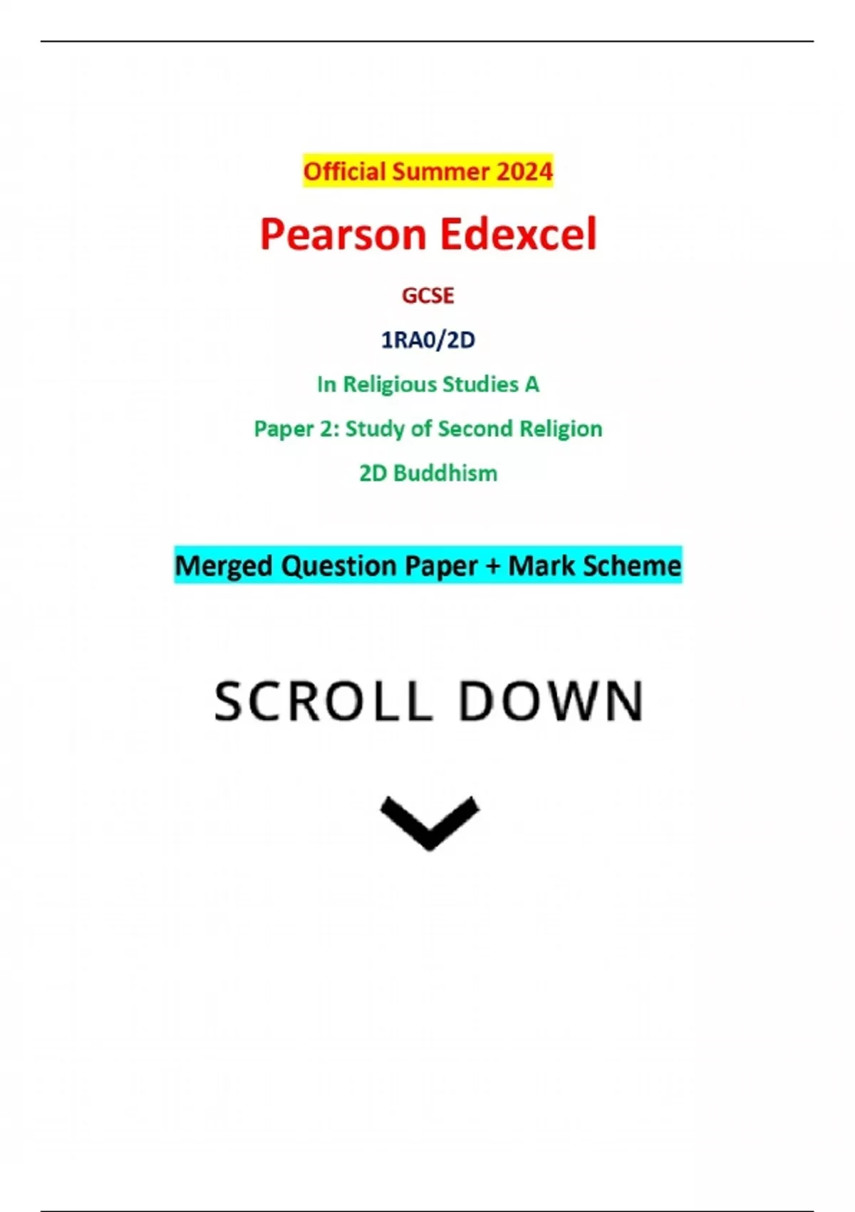 Official Summer 2024 Pearson Edexcel GCSE 1RA0/2D In Religious Studies
