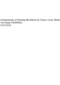 Fundamentals of Nursing 9th Edition by Taylor, Lynn, Bartlett Test Bank.VERIFIED.