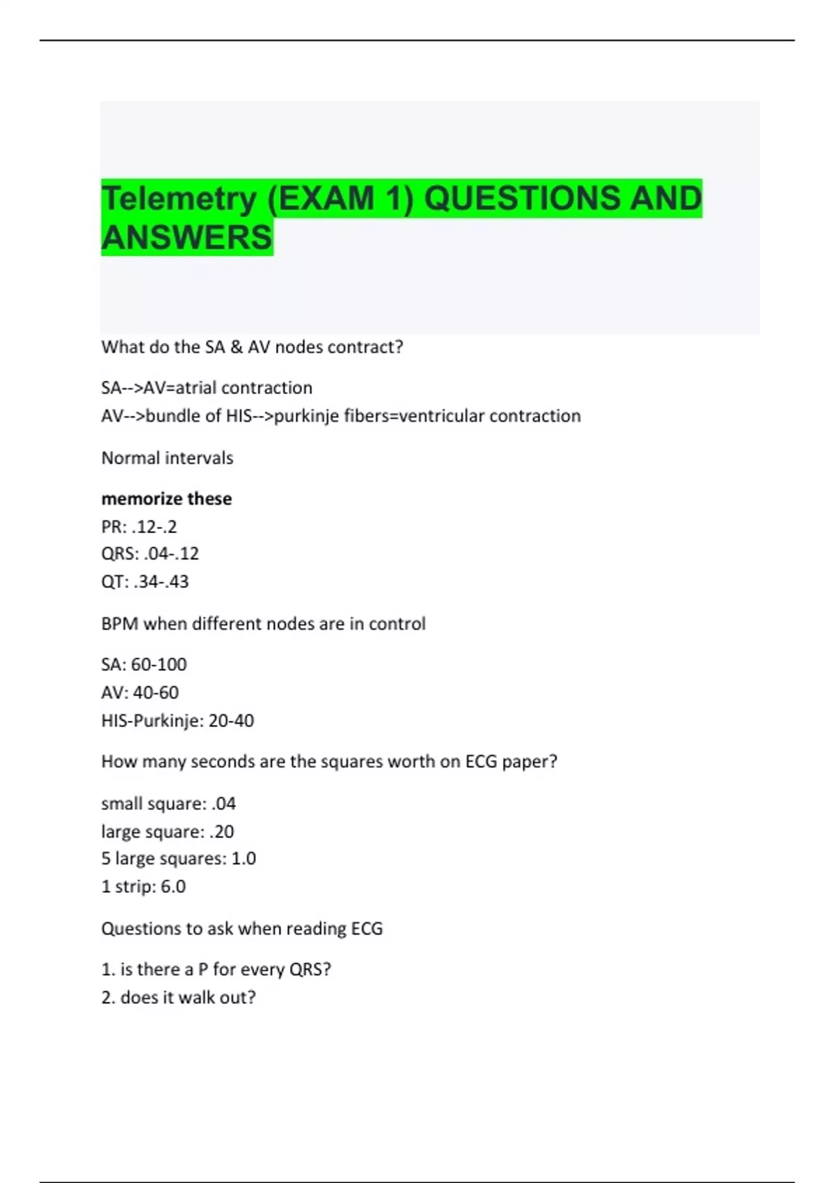 Telemetry (EXAM 1) QUESTIONS AND ANSWERS - BAMC TELEMETRY - Stuvia US
