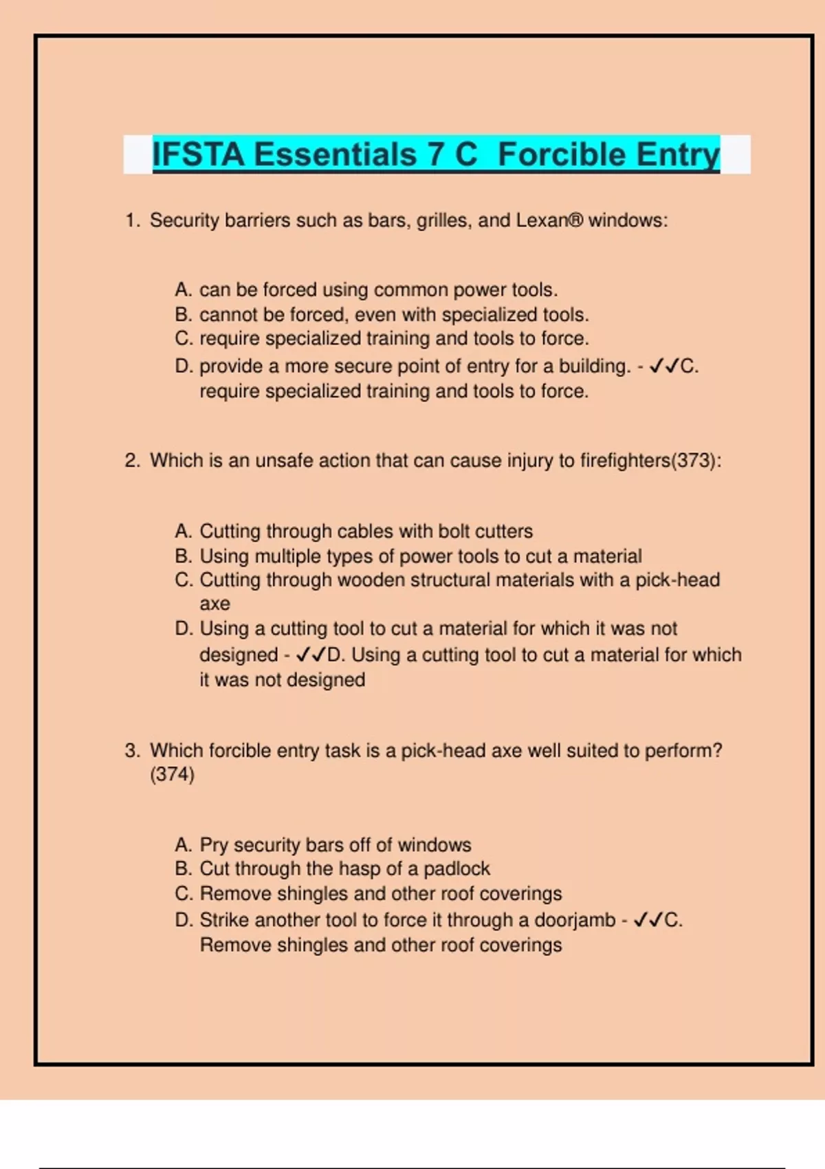 IFSTA Essentials 7 C Forcible Entry Latest Version with correctly ...
