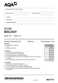 AQA GCSE Biology December 2021 Paper 1 Higher | DEC2186411H01