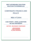 BEST AFFORDABLE SOLUTION SOLUTION TO NUMERICALS CORPORATE FINANCE AND POLICY MBA 472004 CASE STUDY 1: RISK and RETURN