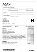 AQA GCSE FRENCH Higher Tier Paper 3 Reading MAY 2020 QUESTION PAPER