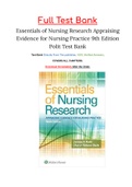 Essentials of Nursing Research Appraising Evidence for Nursing Practice 9th Edition Polit Test Bank ISBN :9781496351296