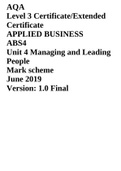 AQA Level 3 Certificate/Extended Certificate APPLIED BUSINESS ABS4 Unit 4 Managing and Leading People Mark scheme June 2019 Version: 1.0 Final