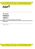AQA A-level FRENCH 7652/1 Paper 1 Listening, Reading Version: 1.0 Final and Writing Mark scheme LATEST UPDATED 2021/2022