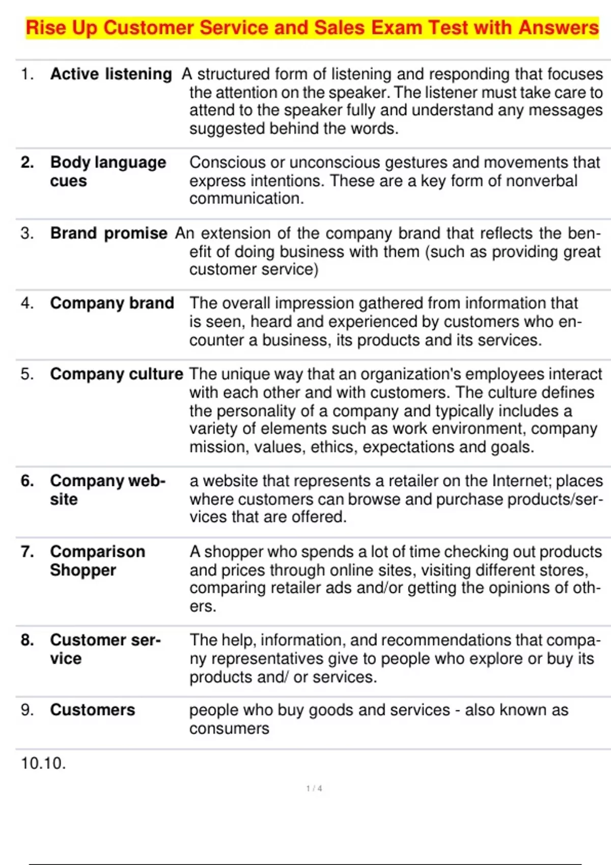 Rise Up Customer Service and Sales Exam Test with Answers - Rise Up ...