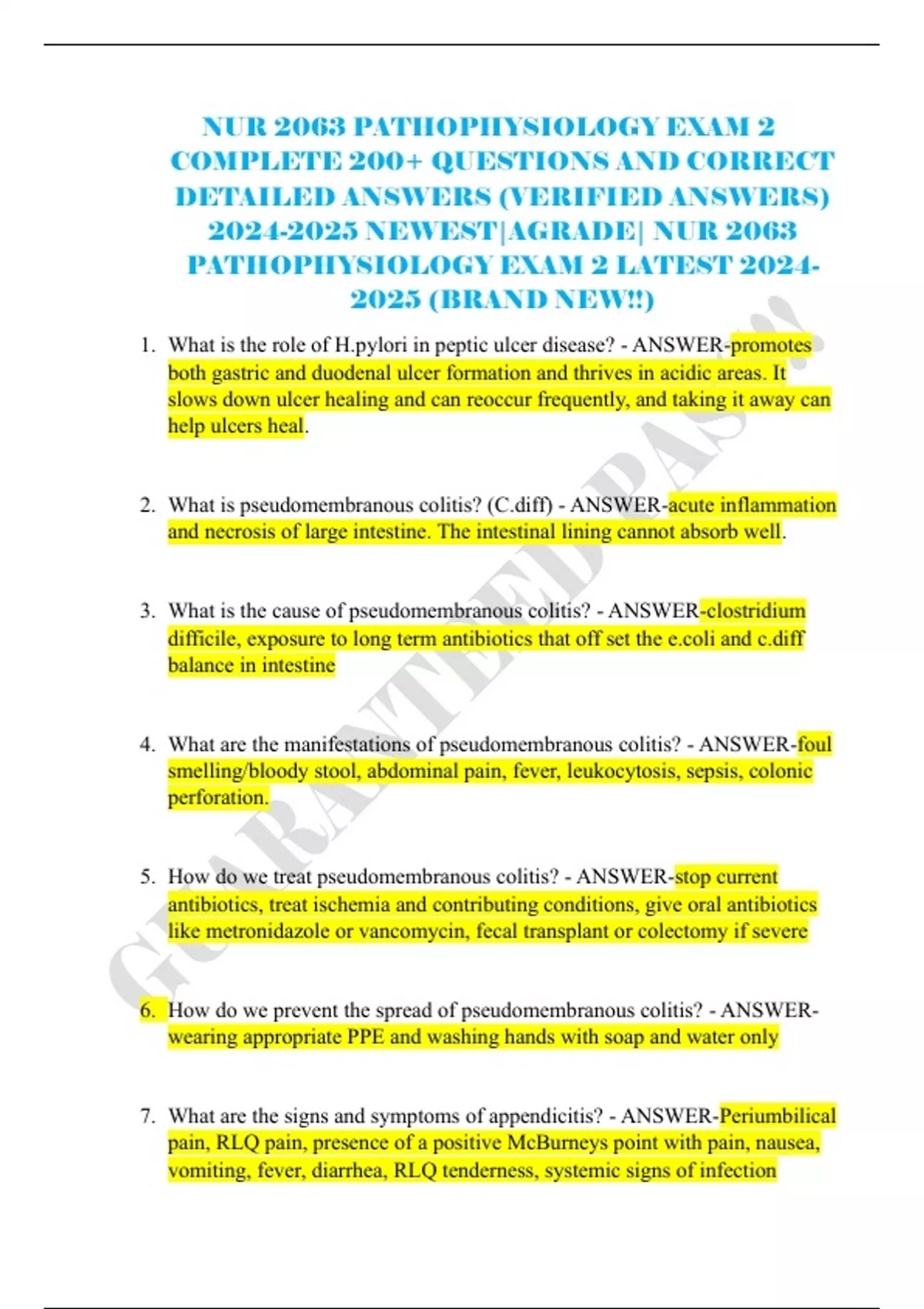 NUR 2063 PATHOPHYSIOLOGY EXAM 2 COMPLETE 200+ QUESTIONS AND CORRECT ...