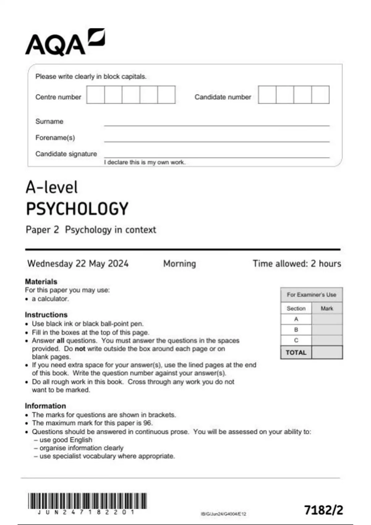AQA A LEVEL PSYCHOLOGY PAPER 2 June 2024 QUESTION PAPER- 7182 - AQA ...