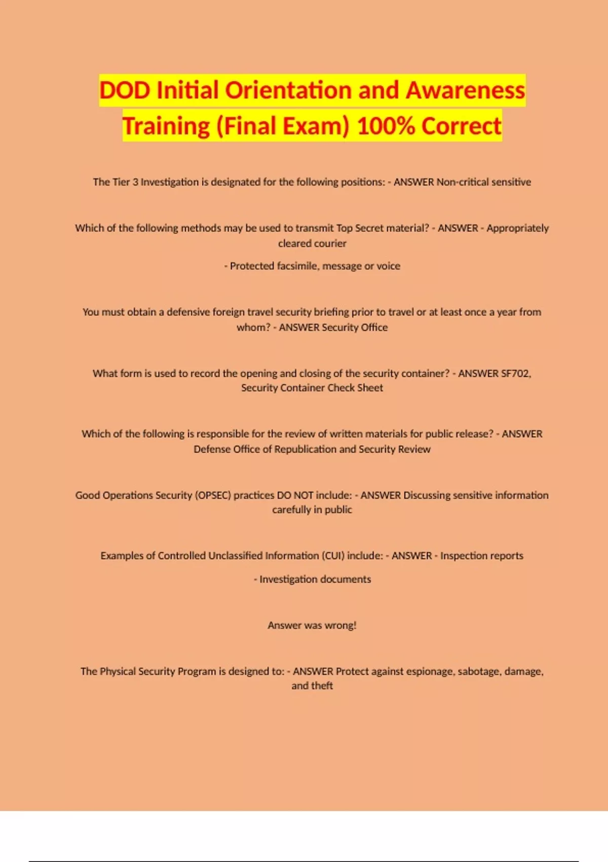 DOD Initial Orientation and Awareness Training (Final Exam) 100% ...