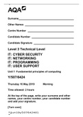 AQA Level 3 Technical Level IT: CYBER SECURITY IT: NETWORKING IT: PROGRAMMING IT: USER SUPPORT Unit 1 Fundamental principles of computing Y/507/6424  Thursday 16 May 2019 | QUESTIONS ONLY