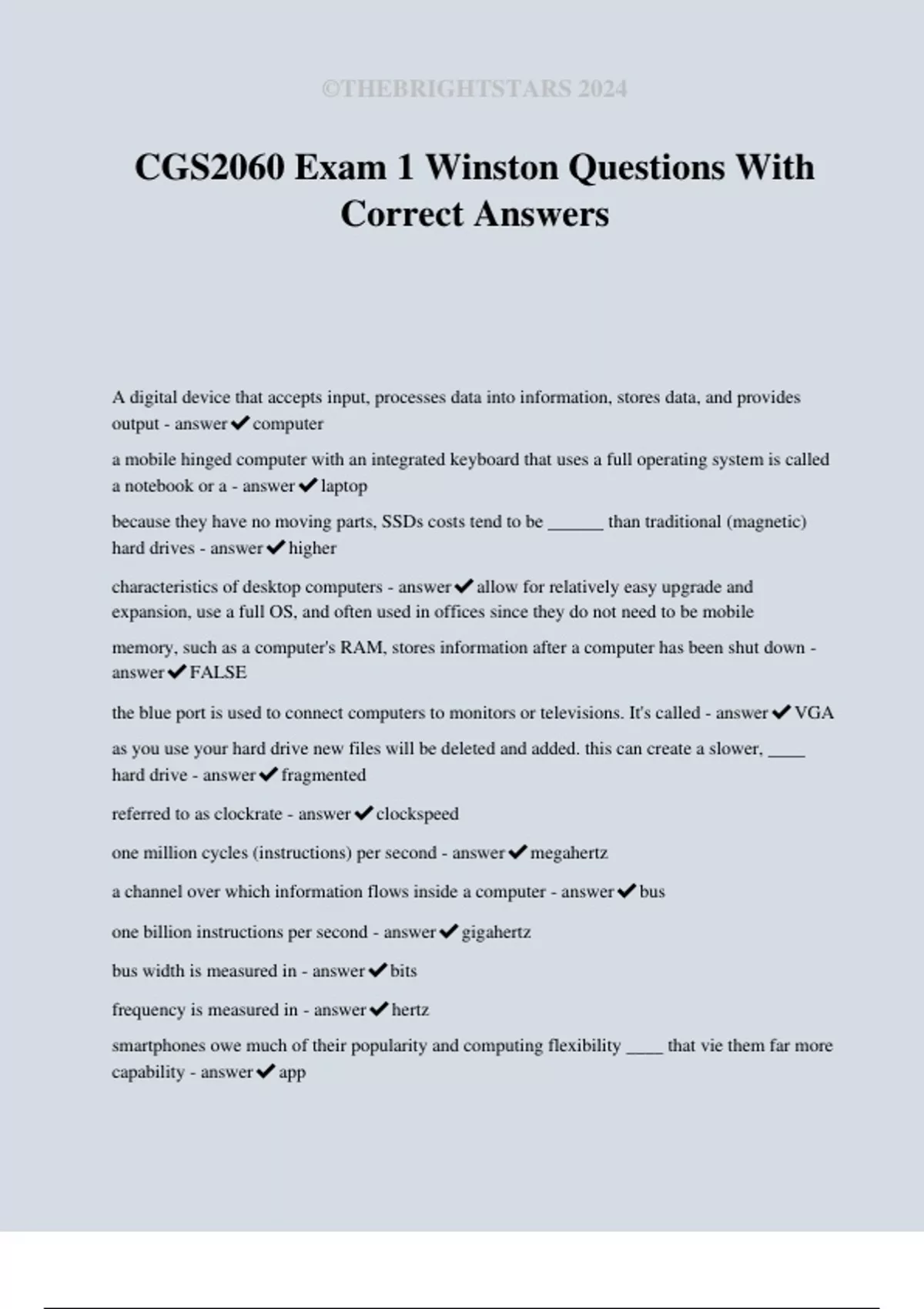 CGS2060 Exam 1 Winston Questions With Correct Answ - CGS2060 - Stuvia US