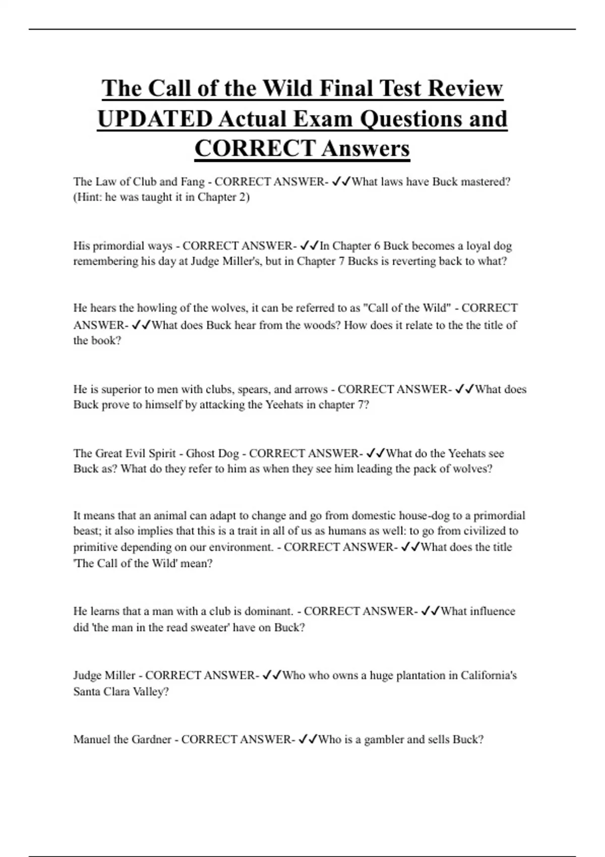The Call of the Wild Final Test Review UPDATED Actual Exam Questions ...