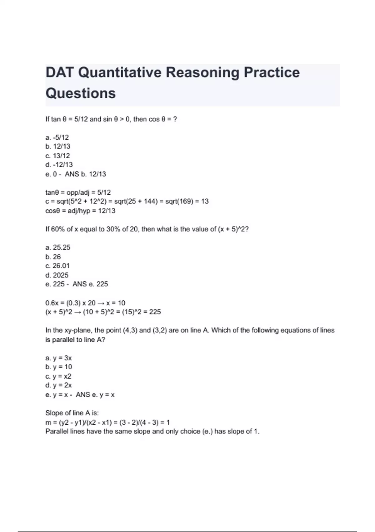DAT Quantitative Reasoning Practice Questions and Answers 2024/2025( A+ ...