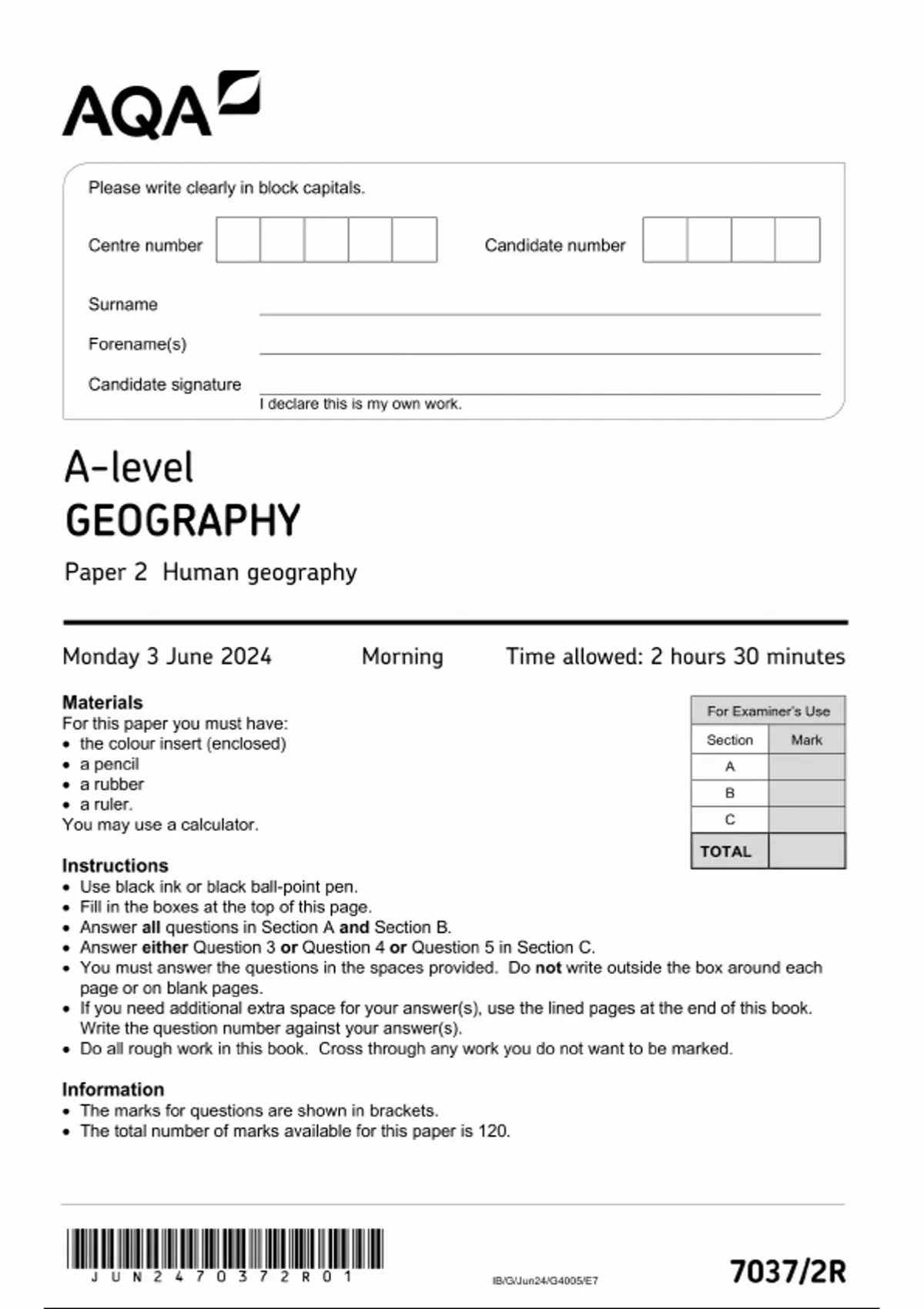 AQA A-Level Geography Paper 2(7037/2R: Human geography)June 2024 - Aqa ...