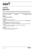 AQA A-level POLITICS 7152&sol;2 Paper 2 Government and politics of the USA and comparative politics&colon; Test &plus; Mark schem