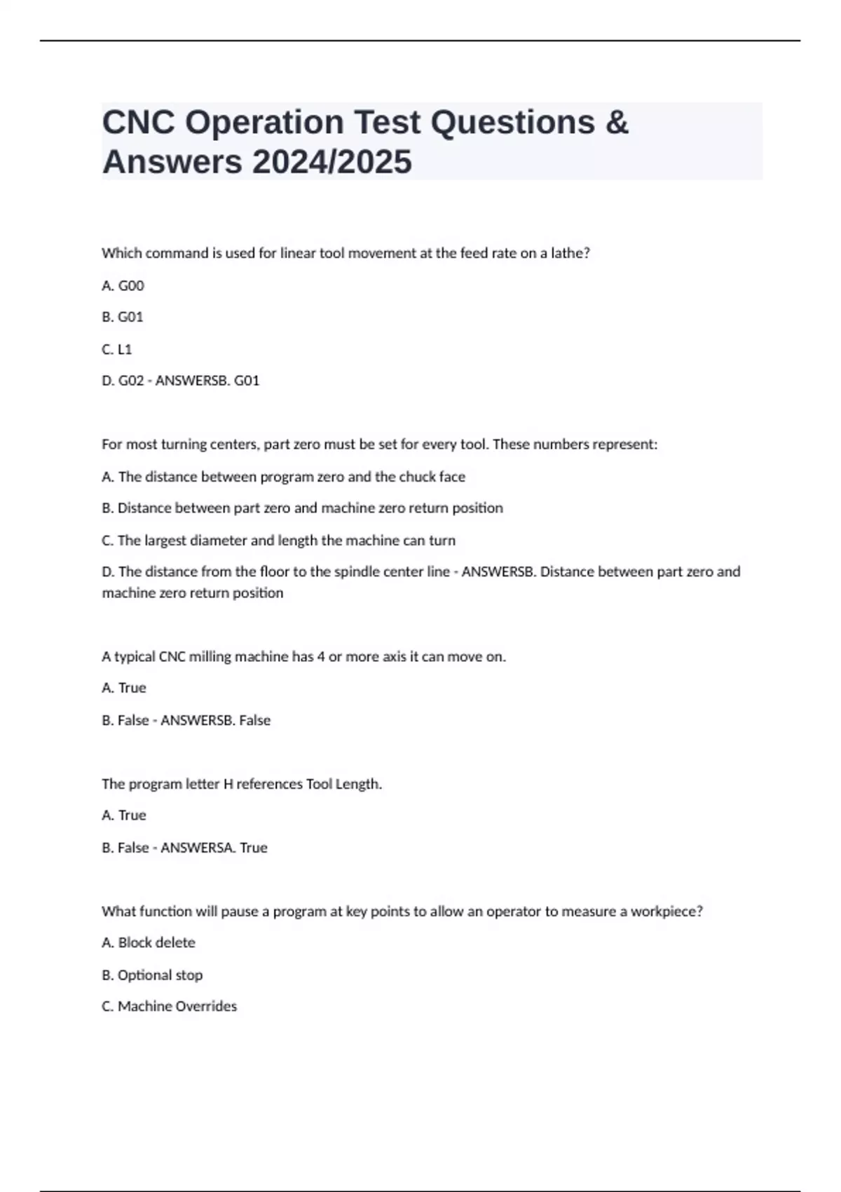 CNC Operation Test Questions & Answers 2024/2025 - CNC Operation ...