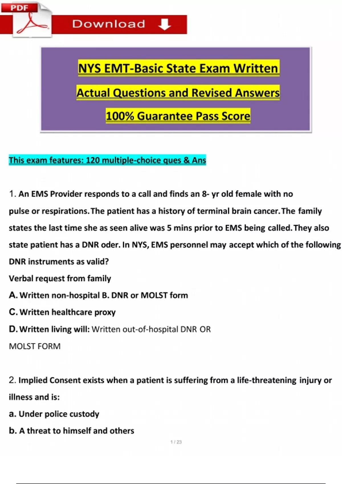 New York State EMT Basic Written Exam (2024 / 2025) Questions with