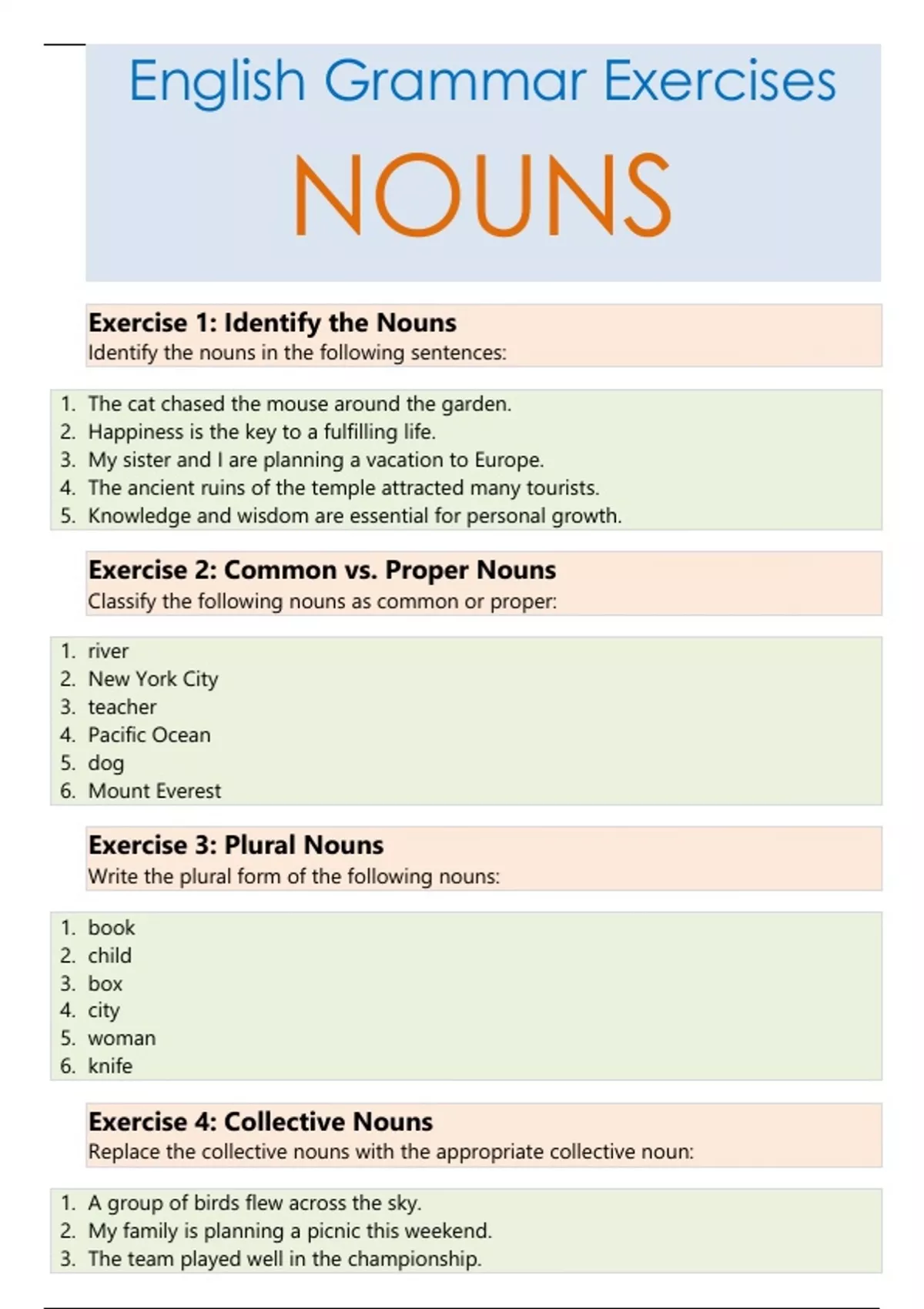 English Grammar – Nouns – Exercises with Answers - English Grammar ...