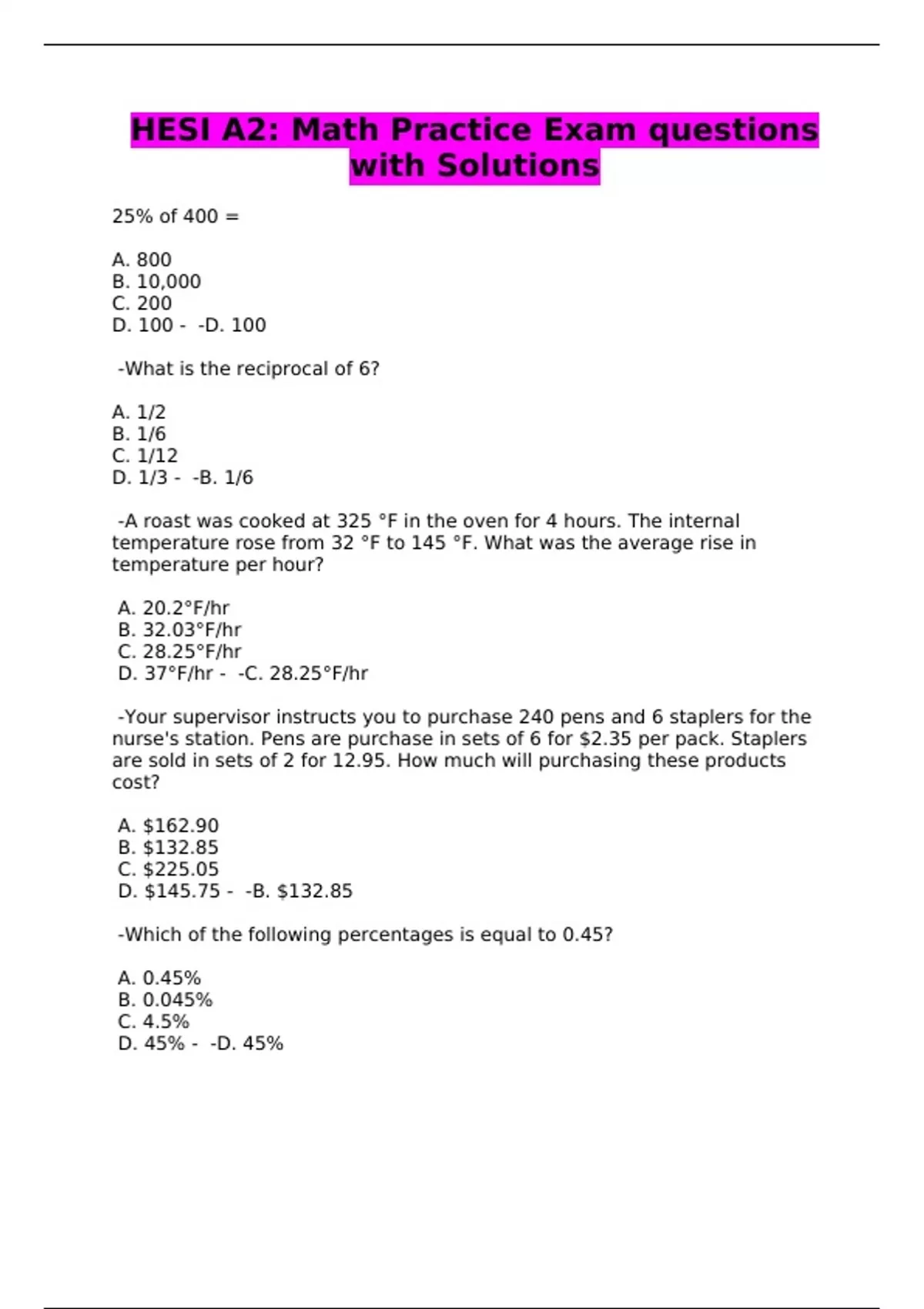 Hesi Math Practice Questions HESI A2: Math Practice Exam questions with Solutions - HESI A2: Math ...
